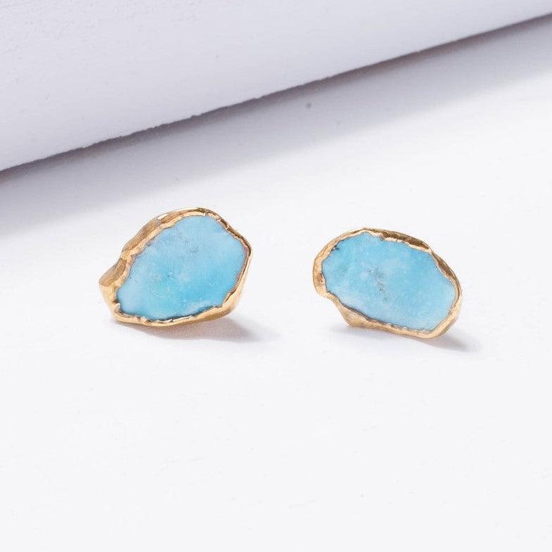 Raw Turquoise Stud Earrings in Yellow Gold by Ringcrush