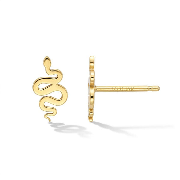 Pair of gold snake stud earrings curved into S shapes with tapered tails