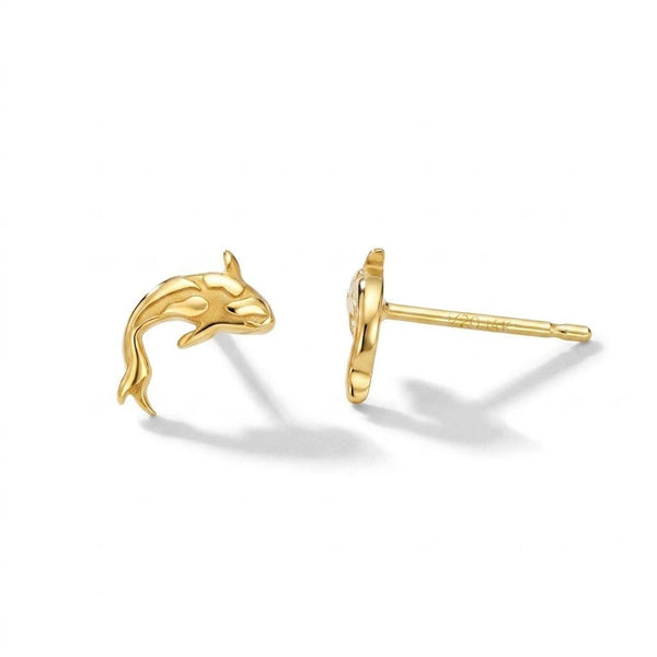 Pair of small gold koi fish stud earrings with fanned fins, white background.