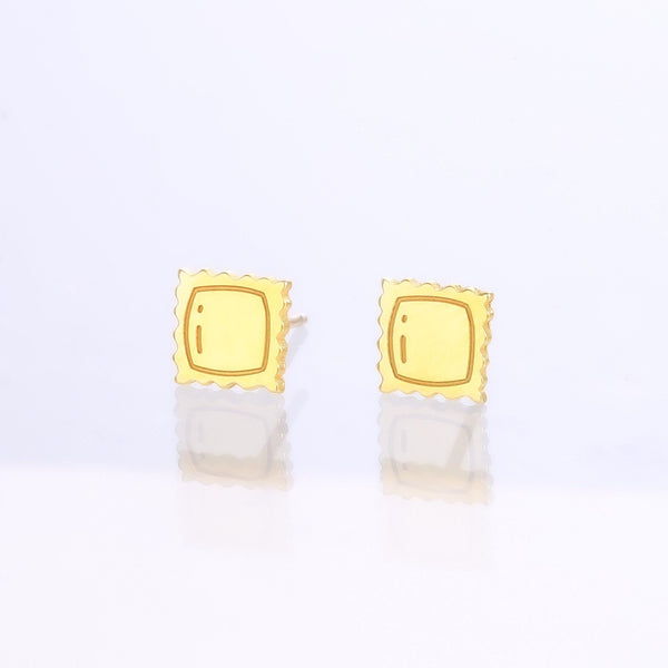 Pair of tiny gold ravioli pasta stud earrings with crimped edges