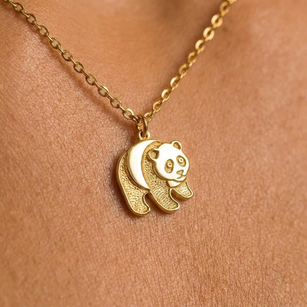 Small round panda face pendant in gold on a thin cable chain, shown against a plain background