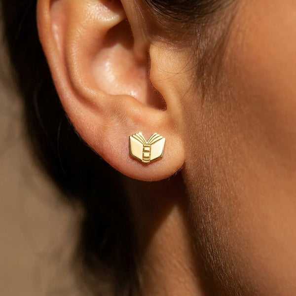 Pair of small gold open book stud earrings with split pages