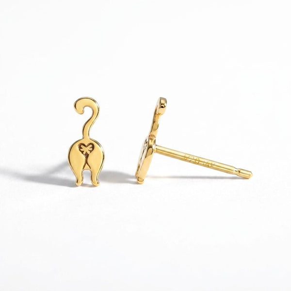 Pair of small gold cat rear view stud earrings with a tiny heart
