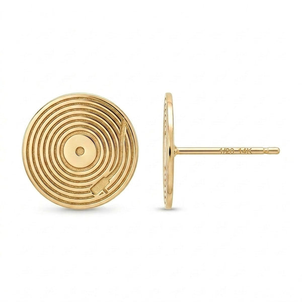 Pair of tiny gold vinyl record stud earrings with grooves and a center label