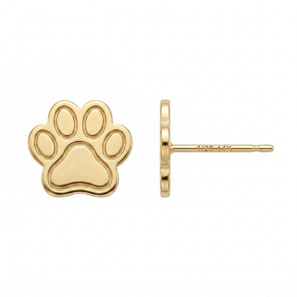 Pair of tiny gold paw print stud earrings with four toes and a rounded pad