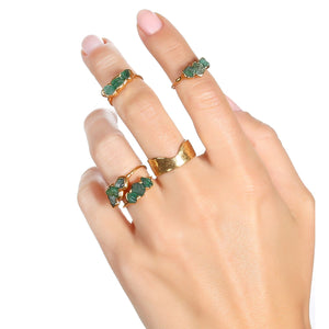 Large Three Stone Raw Emerald Ring in Rose Gold Gemstone