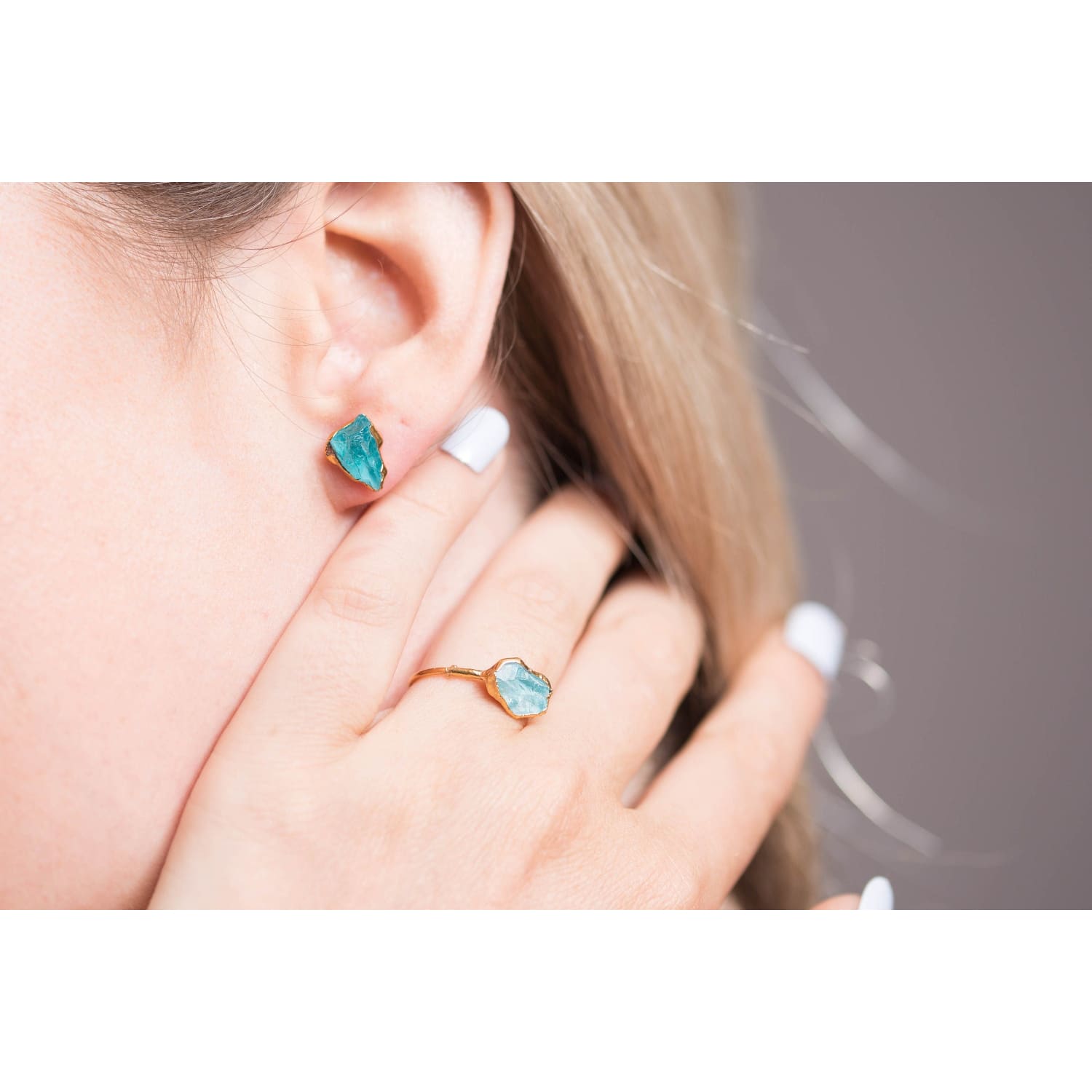 Raw Apatite Stud Earrings in Rose Gold Gemstone Jewelry