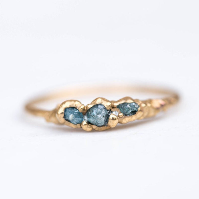 Three Stone Raw Blue Diamond Ring in Sterling Silver