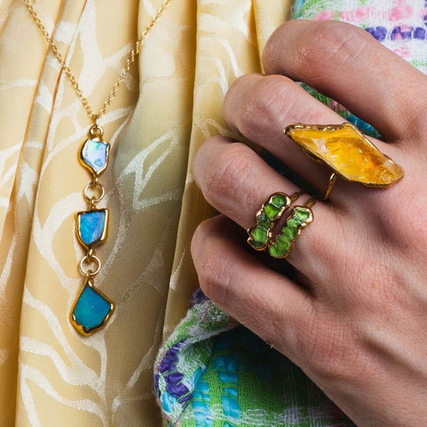 Vertical Large Raw Citrine Ring in 24k gold dip
