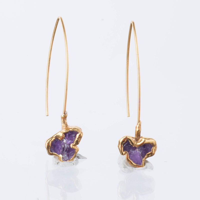 Edgy Fleur Raw Amethyst Cluster Drop Earrings