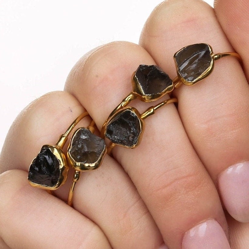 Raw Smoky Quartz Ring in Yellow Gold