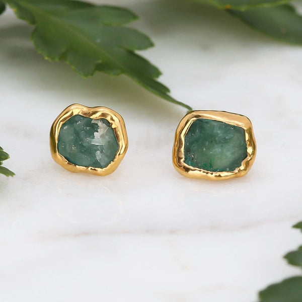 Dainty Raw Emerald Stud Earrings in Yellow Gold