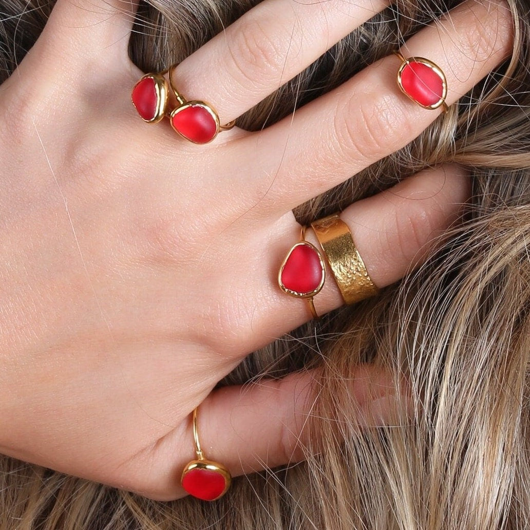 Vermillion Sea Glass Ring in 24k gold dip