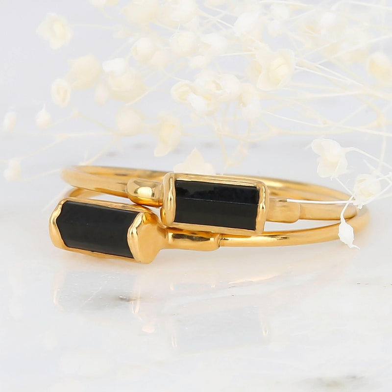 Dainty Black Tourmaline Baguette Ring
