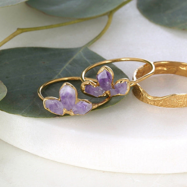 Triple Raw Amethyst Fan Ring, Gold Ring, Amethyst Ring, Purple  Stacking Ring, February Birthstone, Raw Gemstone Ring,  Ring  • 24k Dip