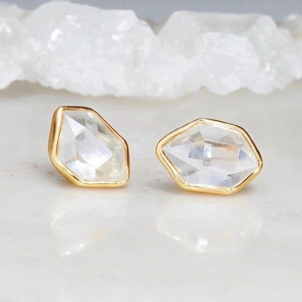 Large Raw Herkimer Diamond Stud Earrings in Yellow Gold