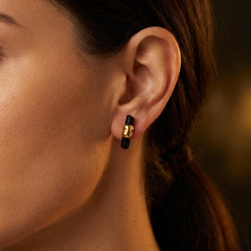 Belted Raw Black Tourmaline Earrings