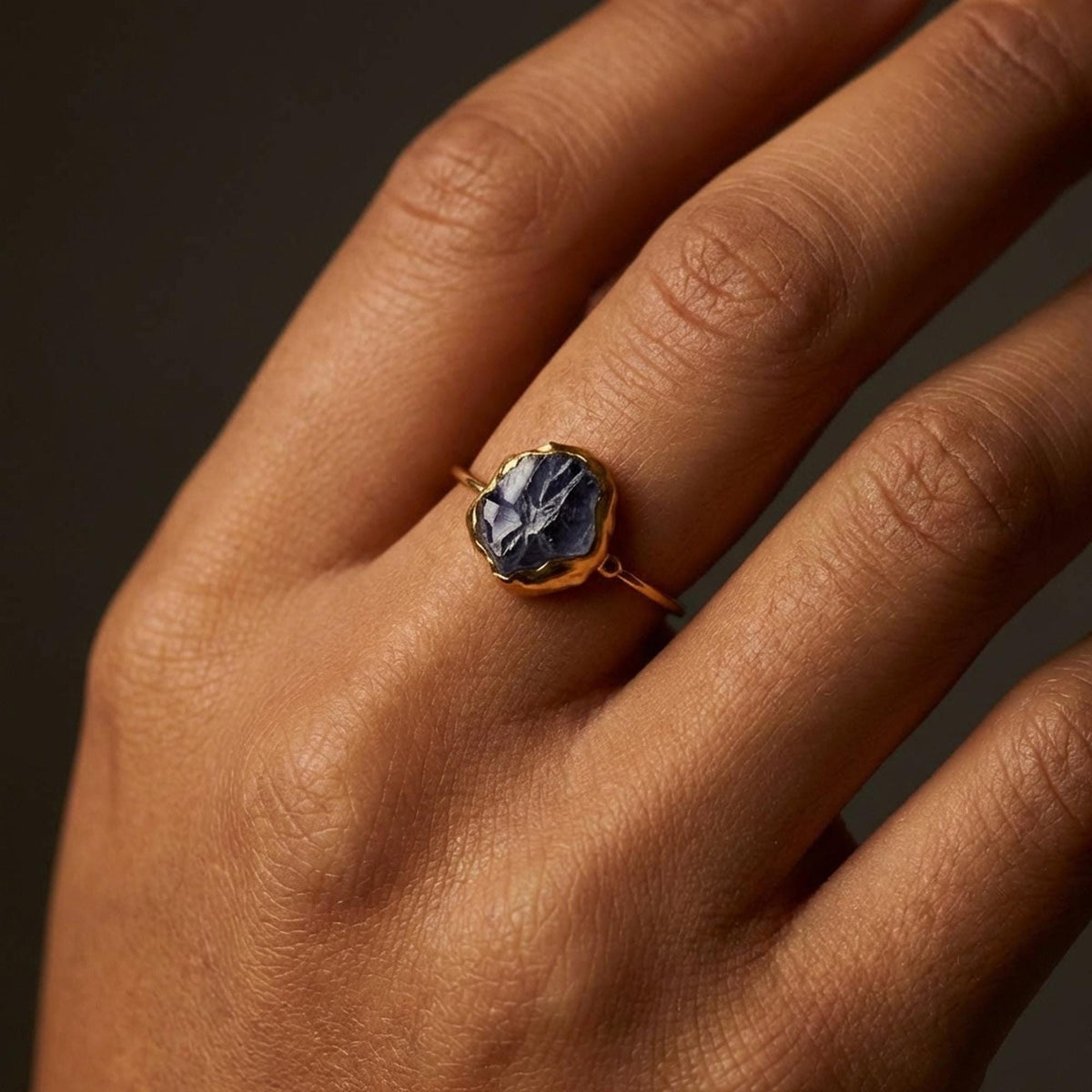 Raw Iolite Ring in 24k gold dip