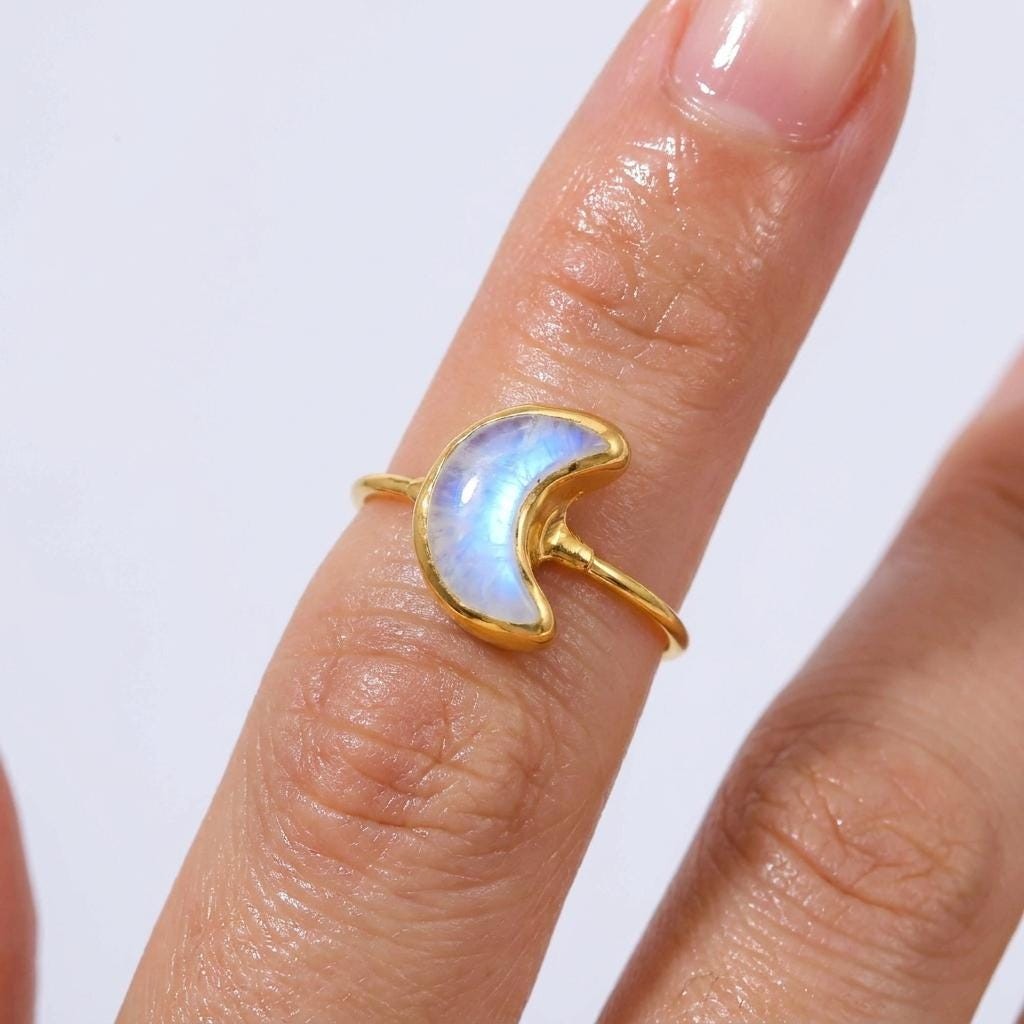 Raw Moon Rainbow Moonstone Ring in 24k gold dip