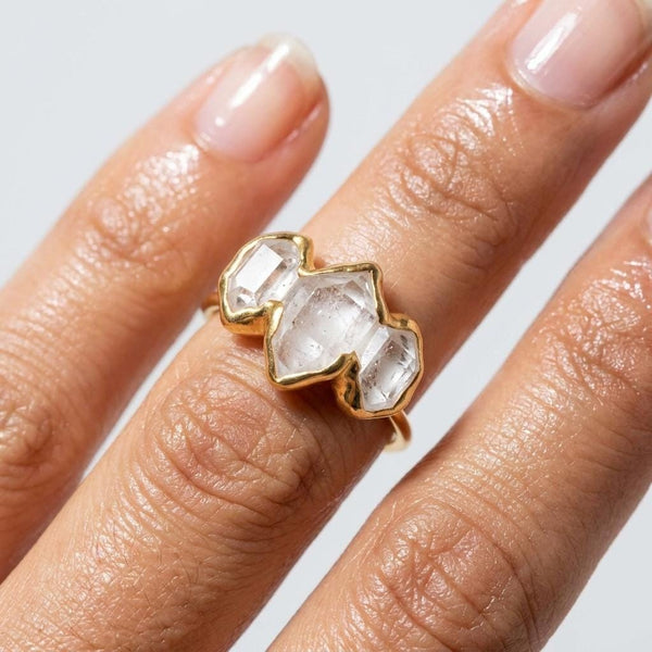 Three Stone Large Raw Herkimer Diamond Ring