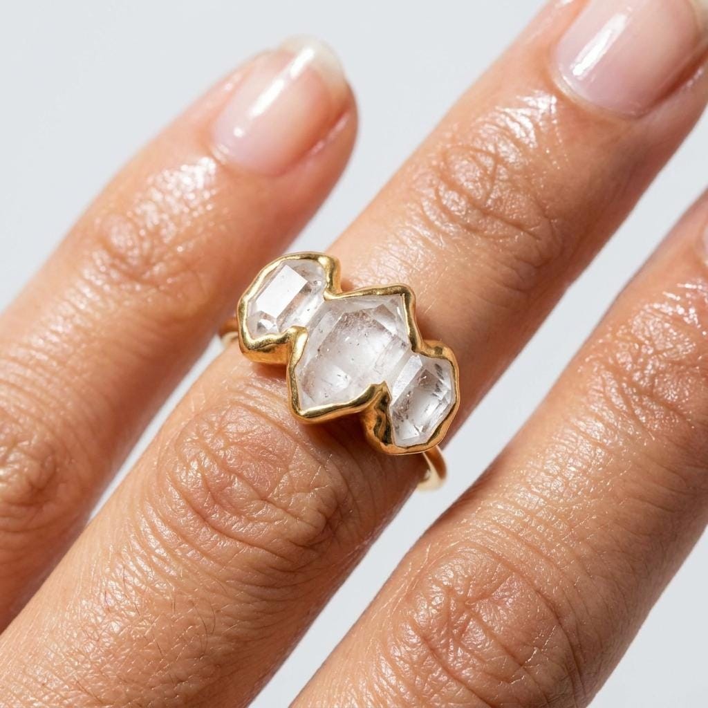 Three Stone Large Raw Herkimer Diamond Ring