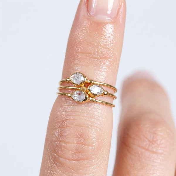 Dainty Raw Herkimer Diamond Ring in Yellow Gold