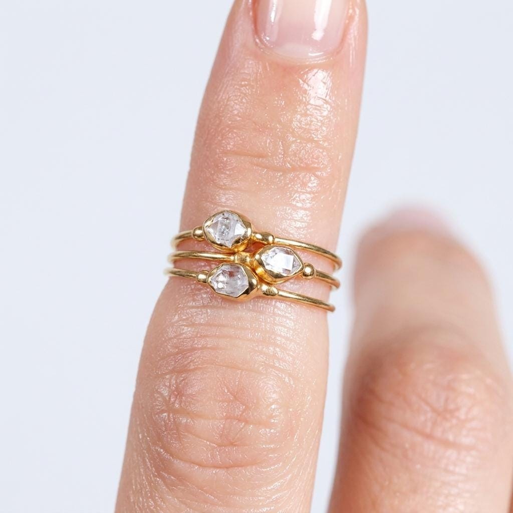 Dainty Raw Herkimer Diamond Ring in Yellow Gold