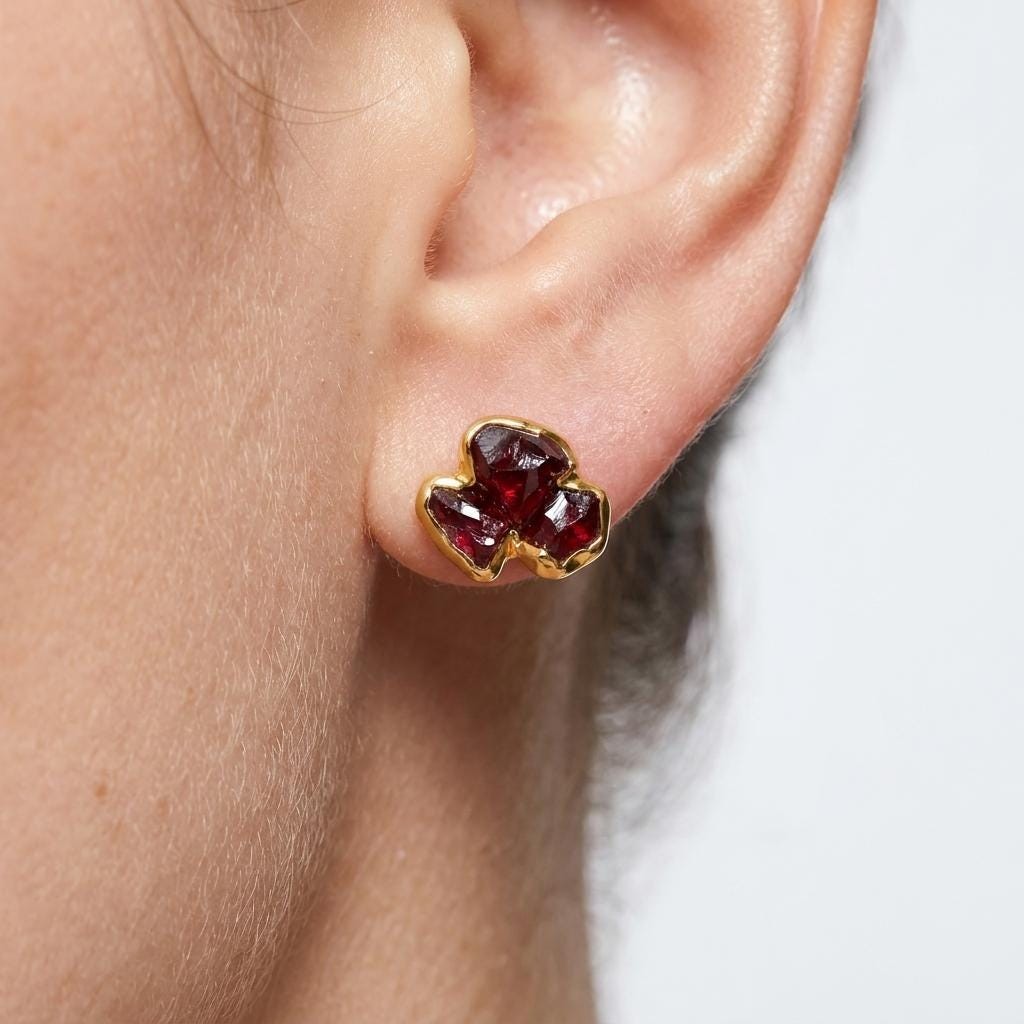 Dainty Raw Triple Garnet Cluster Stud Earrings