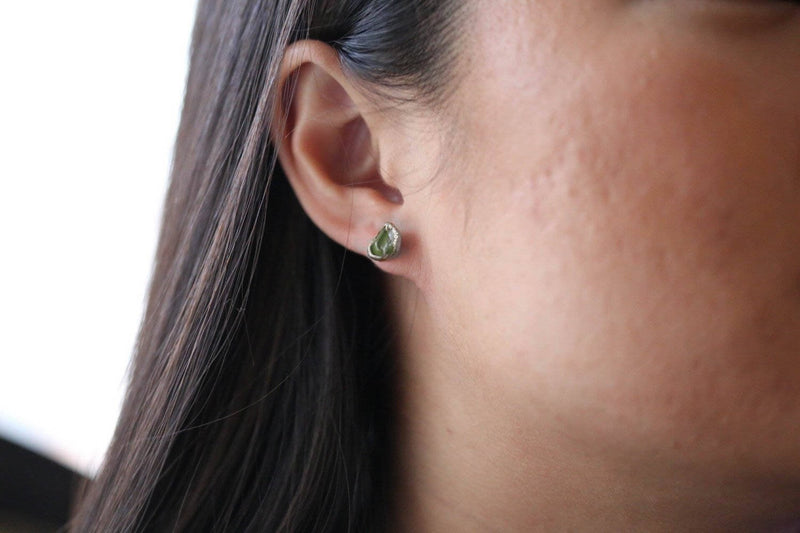 Raw Peridot Stud Earrings in Yellow Gold, view 2 of 7