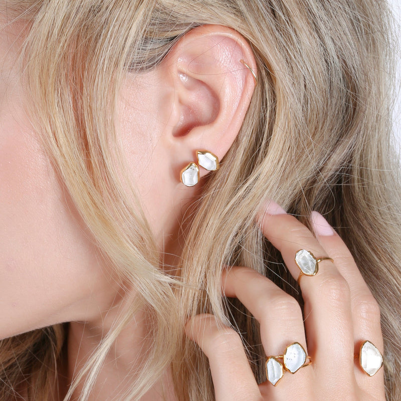 Large Raw Herkimer Diamond Stud Earrings in Yellow Gold, view 2 of 10
