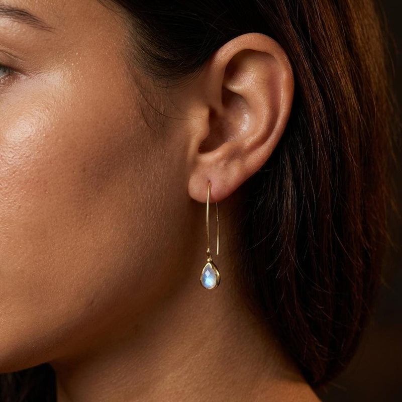 Edgy Rain Drop Rainbow Moonstone Earrings, view 2 of 7