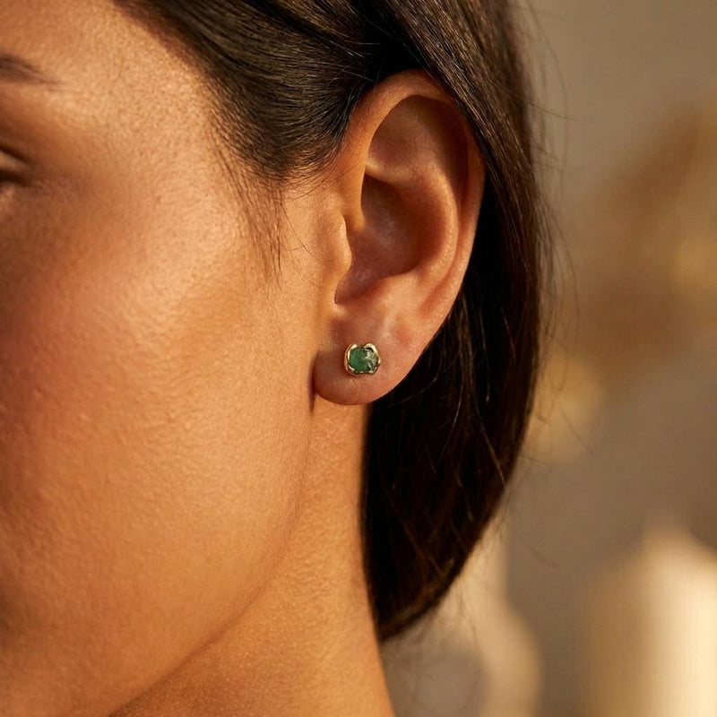 Dainty Raw Emerald Stud Earrings in Yellow Gold, view 2 of 10