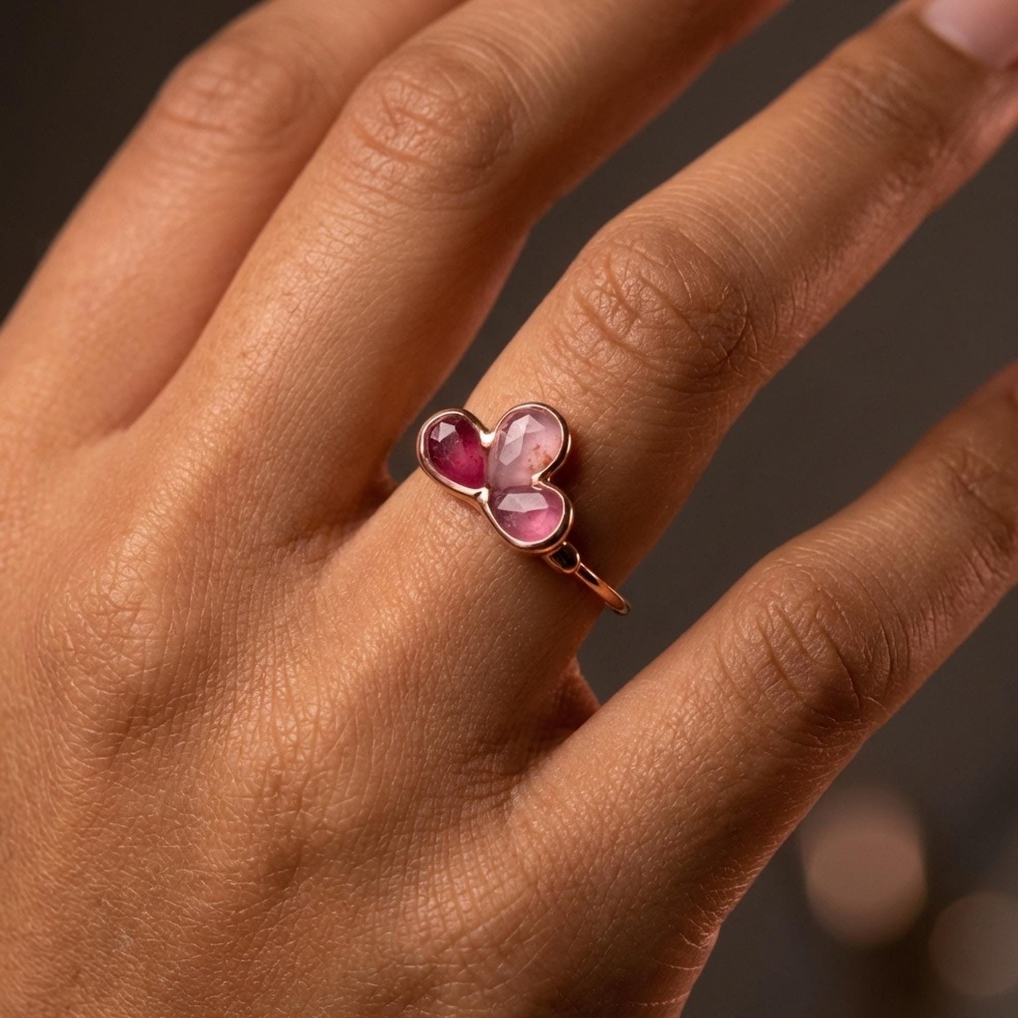 Pink Tourmaline Fleur Ring in 24k gold dip, view 2 of 11