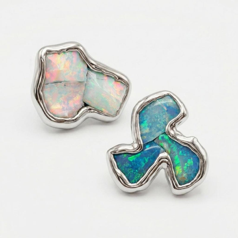 Mismatched Raw Opal Cluster Earrings, view 3