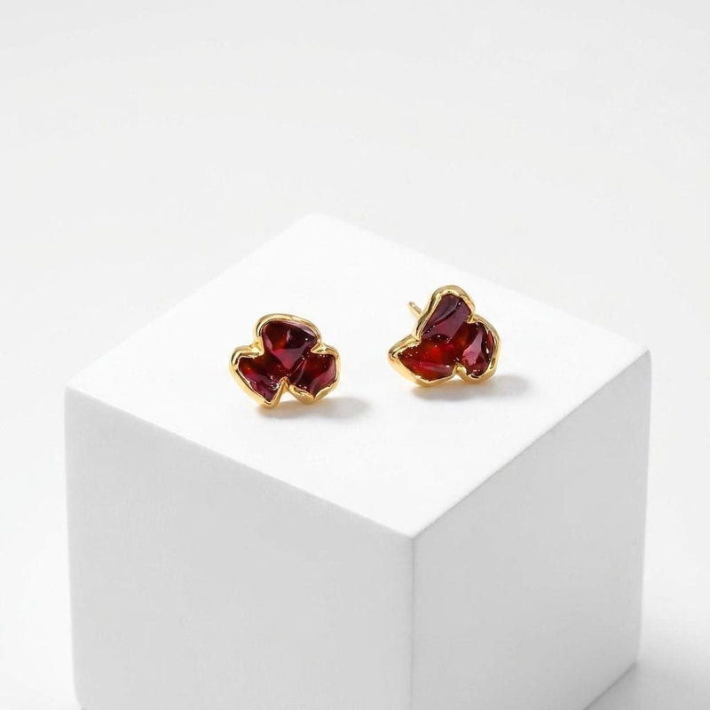 Dainty Raw Triple Garnet Cluster Stud Earrings, view 2 of 13