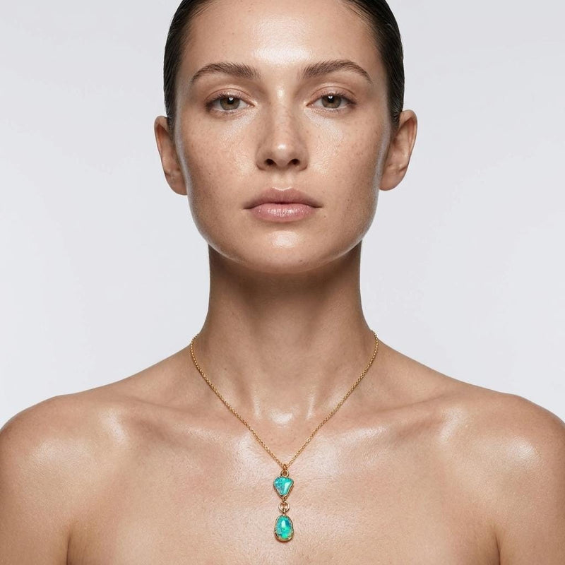 Raw Two Opal Necklace in 24k gold dip, view 2 of 12
