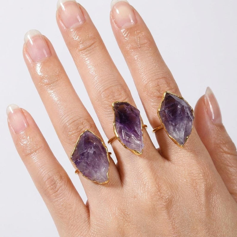 Vertical Raw Amethyst Ring, Rose Gold Rough Gemstone Ring,