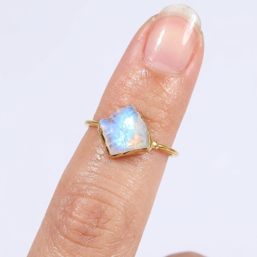 Rainbow Raw Moonstone Ring, view 2 of 9