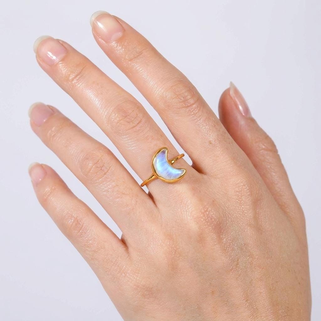 Moon Shaped Rainbow Raw Moonstone Ring, view 2 of 12