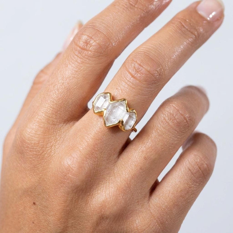 Three Stone Large Raw Herkimer Diamond Ring, view 2 of 16