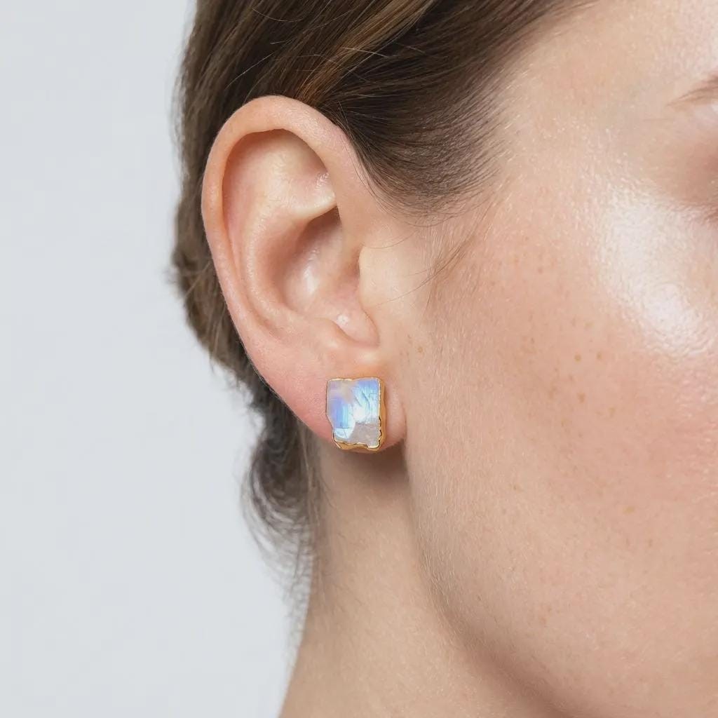 Natural Rainbow Moonstone Stud Earrings, view 2 of 12