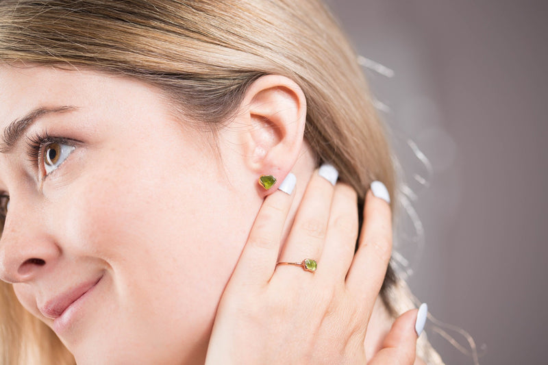 Raw Peridot Stud Earrings in Yellow Gold, view 3 of 7