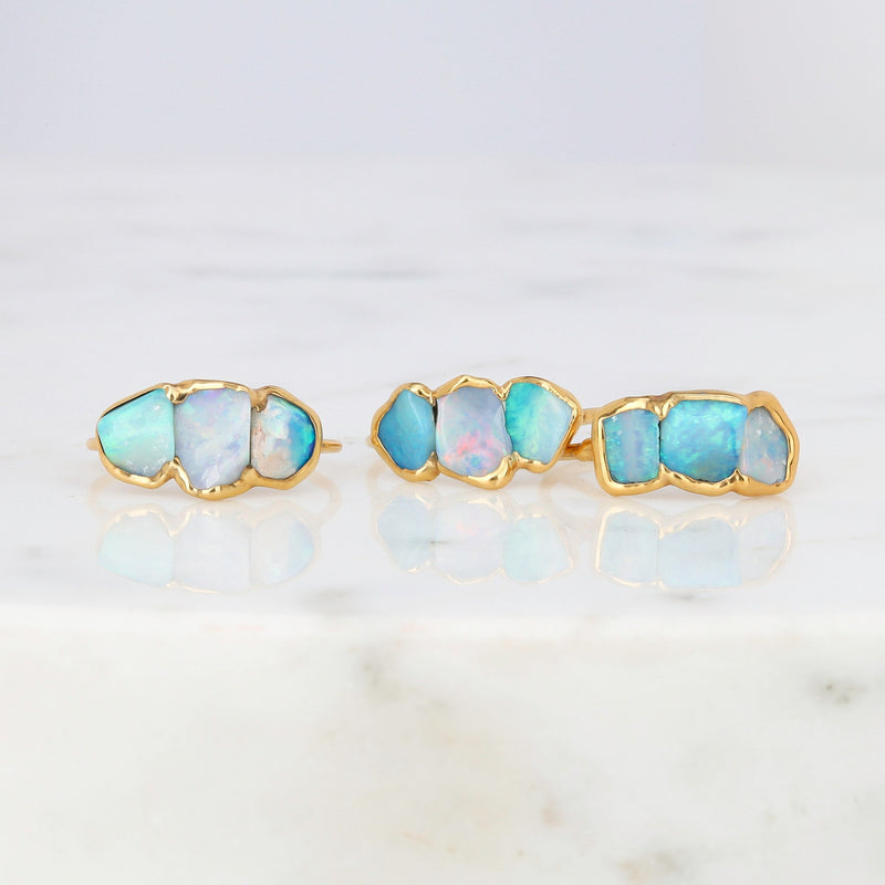 Three Stone Raw Australian Opal Ring, view 3 of 7