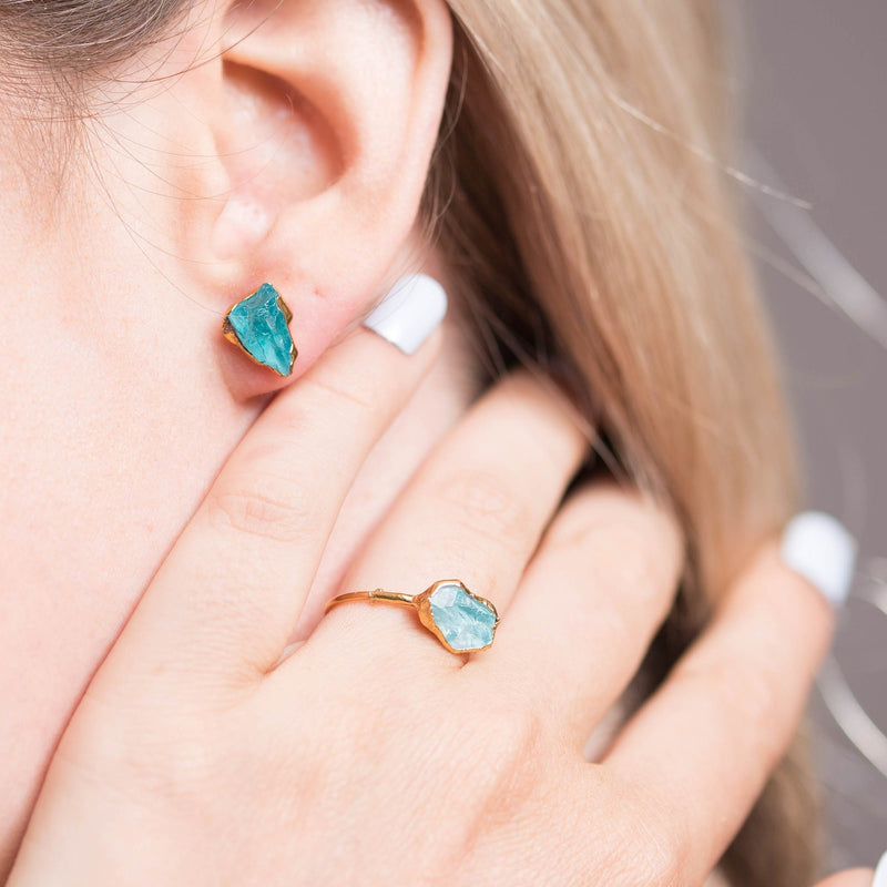 Raw Apatite Stud Earrings in Rose Gold, view 3 of 5