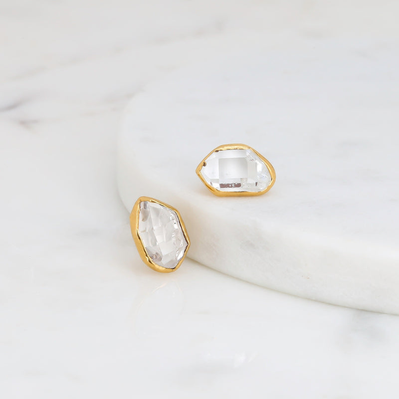 Large Raw Herkimer Diamond Stud Earrings in Yellow Gold, view 3 of 10