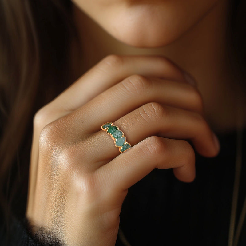 5 Stone Raw Emerald Ring in Yellow Gold, view 3 of 12