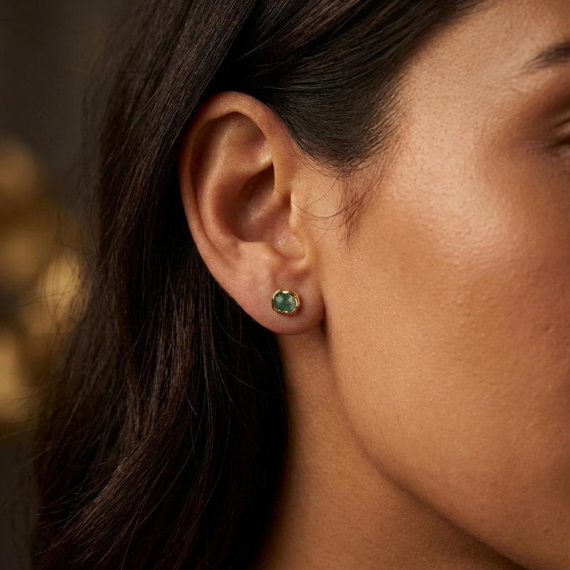 Dainty Raw Emerald Stud Earrings in Yellow Gold, view 3 of 10