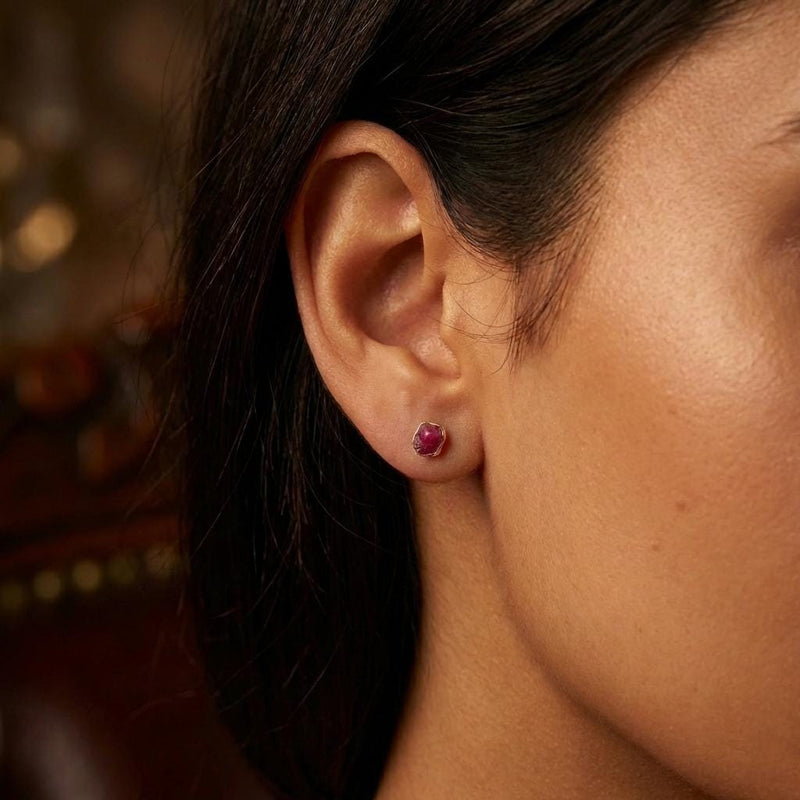 Dainty Raw Ruby Stud Earrings in Sterling Silver, view 3 of 10