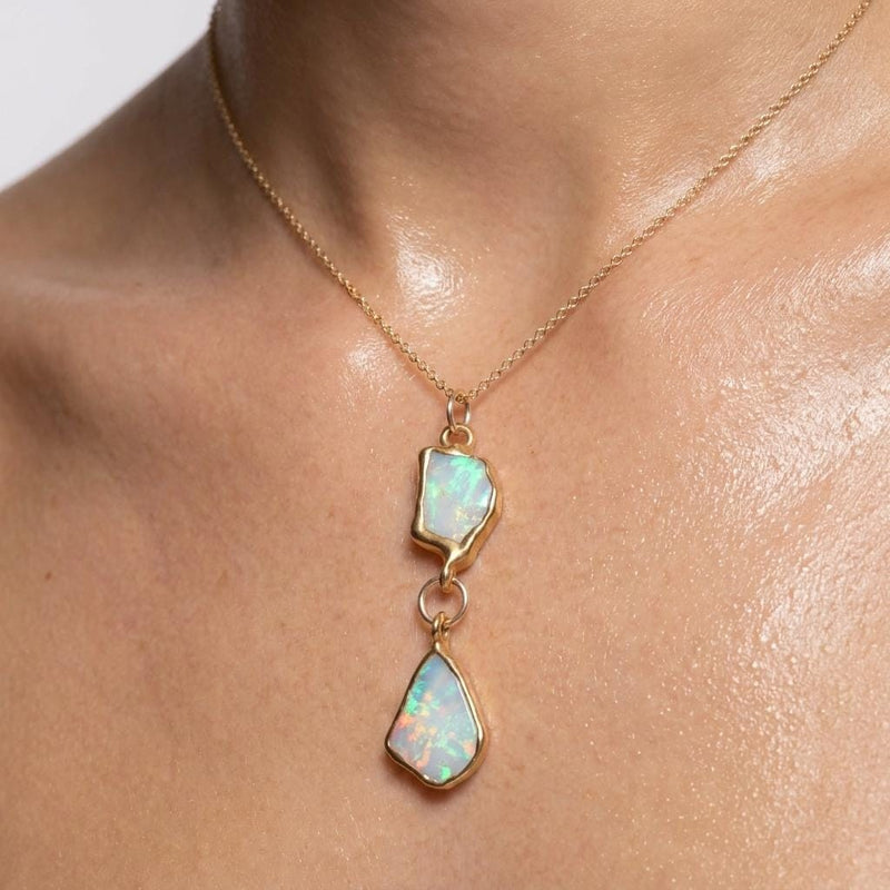 Raw Two Opal Necklace in 24k gold dip, view 3 of 12