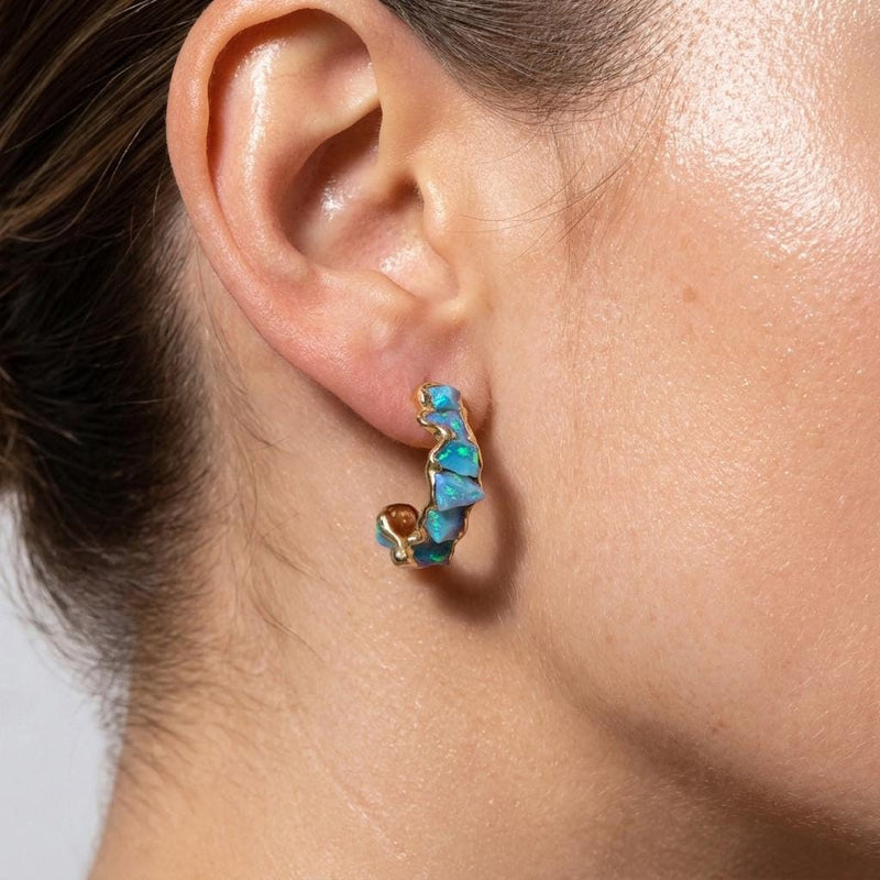 Raw Opal Half Hoop Cluster Earrings, view 3 of 12
